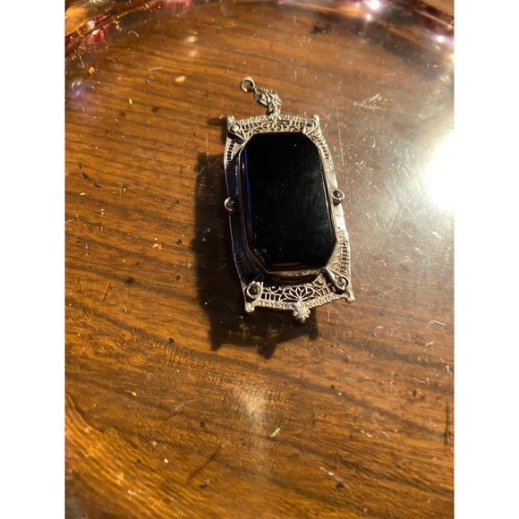 Art Deco Filigree Locket Frame w/ Black Onyx Stone | TESTED STERLING Silver Pend - Picture 5 of 7